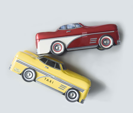 ブリキ缶 アンティーク調 ケース イギリス ビスケット15枚入り キャデラック パトカー タクシー プチギフト おもちゃ／Silver Crane シルバークレーン社
