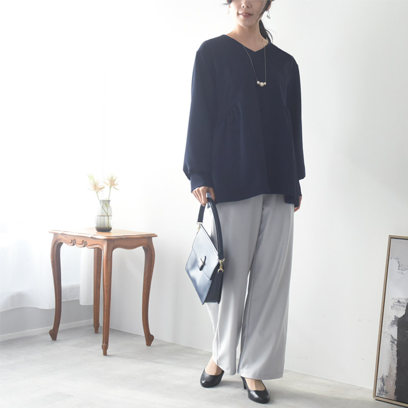 らくちん上品見え ストレッチジョーゼット ウエストギャザーブラウス/Agreable アグレアーブル