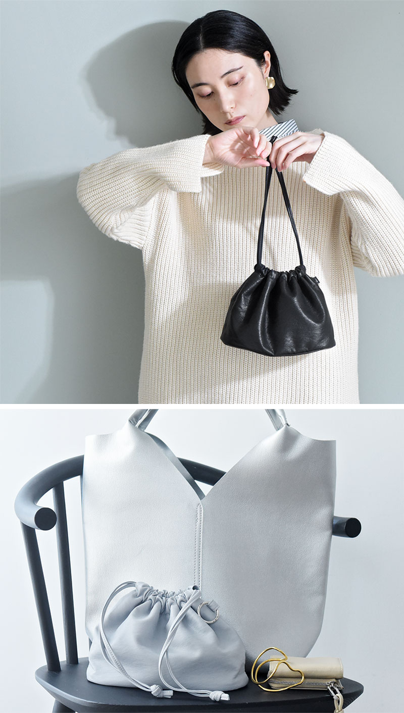 バッグとして使える フェイクレザー 巾着ポーチ/kauliina