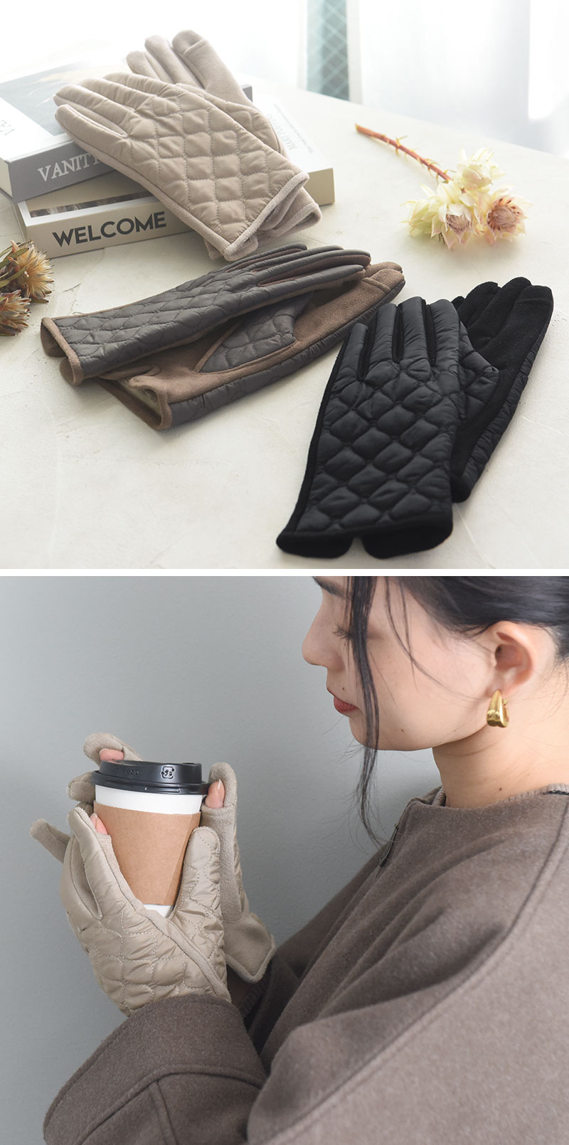 内側ファーで暖かい 指スリット入り スエード切替 キルティンググローブ/Agreable アグレアーブル